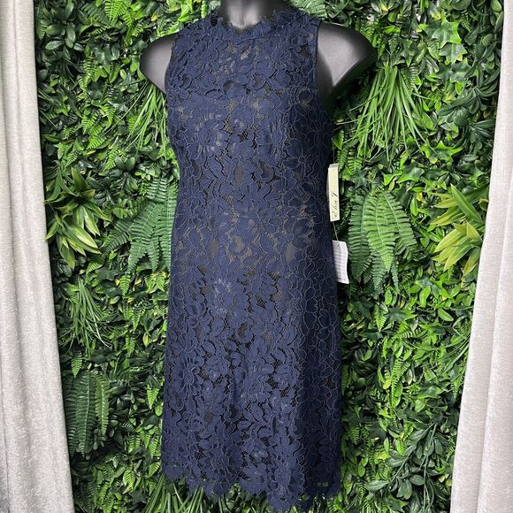 ELIZA J Dress Women 16 Blue High Neck Floral Eye Lash Lace Cocktail NWT 2289 - Picture 2 of 8